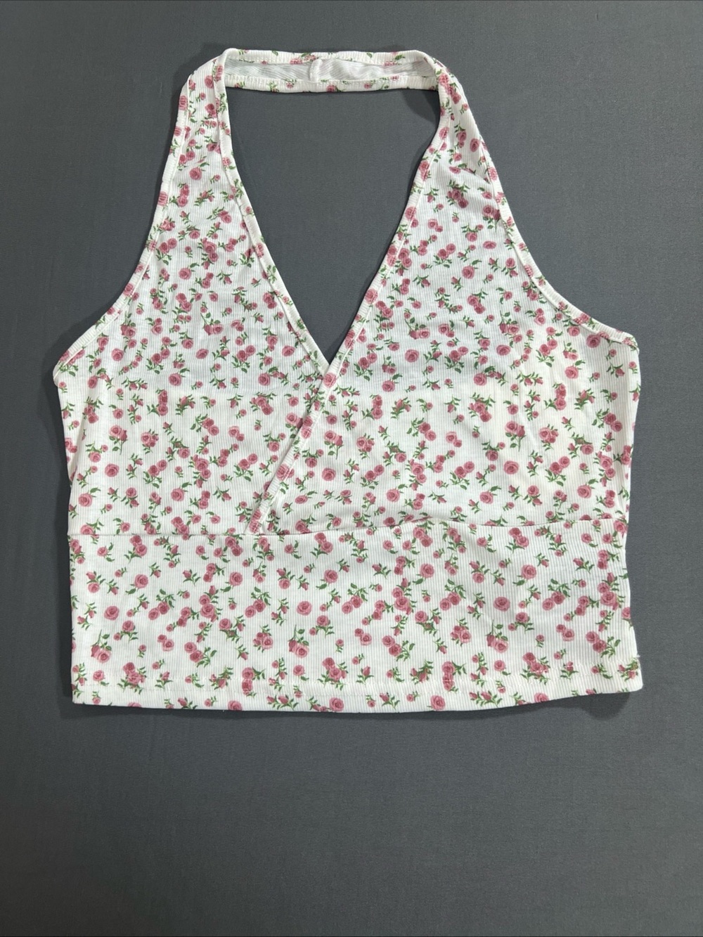 Ribbed Floral Halter Crop Tank Top - White with Pink Rose Print
